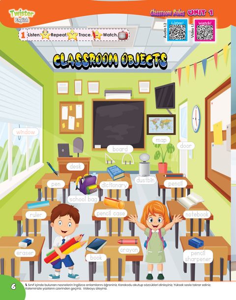 Twister English 4. Sınıf örnek sayfa: Sınıf eşyaları: resimli kelime sahnesi